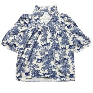 Ruffle Neck Blouse Blue And White Toile Print Women’s Size Large